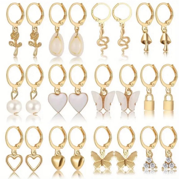 12 Pairs Gold Color Hoop Earrings Jewelry Pack - Picture 1 of 4